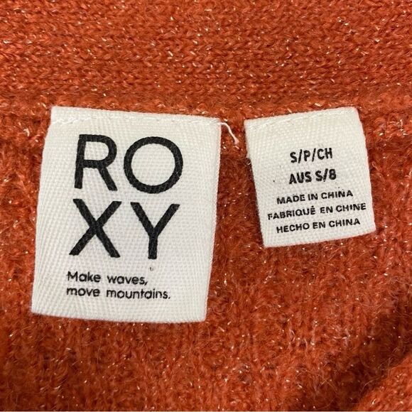 Roxy | Burnt Orange Metallic Button Front Cropped Knit Cardigan Size Small - Picture 11 of 12